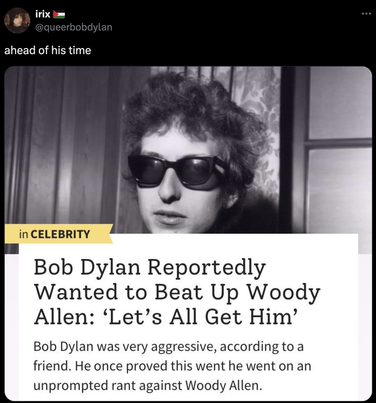 bob dylan - irix ahead of his time in Celebrity Bob Dylan Reportedly Wanted to Beat Up Woody Allen 'Let's All Get Him' Bob Dylan was very aggressive, according to a friend. He once proved this went he went on an unprompted rant against Woody Allen.